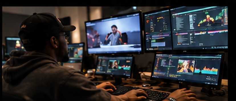 A content editor working across multiple monitors