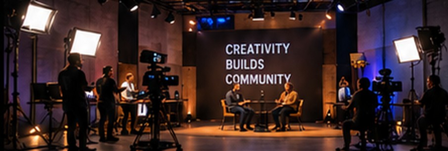 A production crew filming an interview on set with studio lighting
